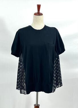 SACAI 3 L Large Blk Blue Sweater Tee T-Shirt Top Mixed Media Swing Pleated Back